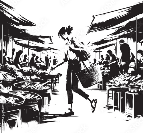 Woman explores a traditional market in minimalist sumi-e style i