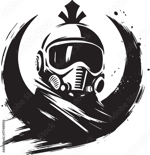 Stylized space pilot helmet in monochrome ink brush stroke illus