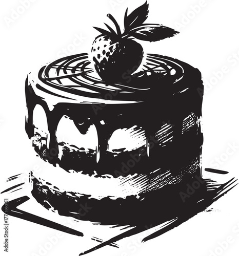 Elegant Sachertorte Sketch with Strawberry, Minimalist Sumi-e St