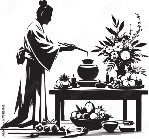 Sumi-e Offering: A Minimalist Illustration of Tradition and Spir