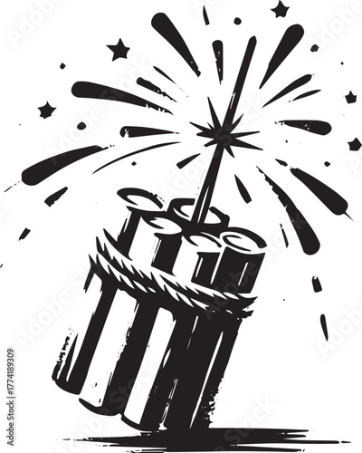Explosive device with fuse illustration in expressive monochrome