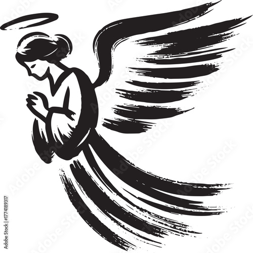 Minimalistic angel icon in sumi-e technique, ethereal silhouette
