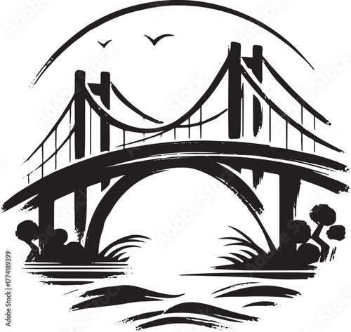 Monochrome bridge illustration with circular frame in sumi-e ins