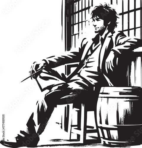 Sumi-e illustration of a man leaning against a barrel in a taver