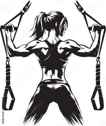 Woman flexing triceps on suspension trainer in minimalist brush