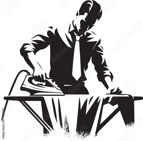 Monochrome illustration of a man ironing, conveying domesticity