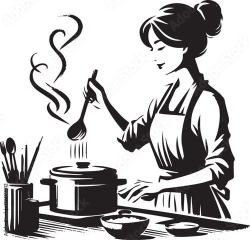 A serene illustration of a woman cooking, stirring a pot in her