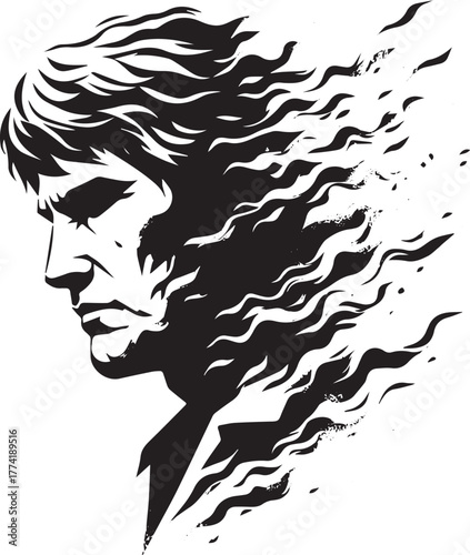 Monochrome portrait of a dissolving face in a stylized brushstro