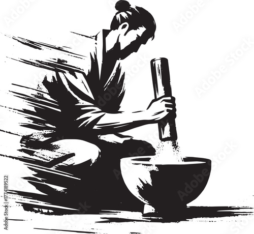 Monochrome Sumi-e Illustration of a man Grinding Grain with Mort