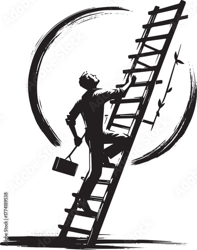 Stepping up: Sumi-e man climbs tall ladder towards abstract circ