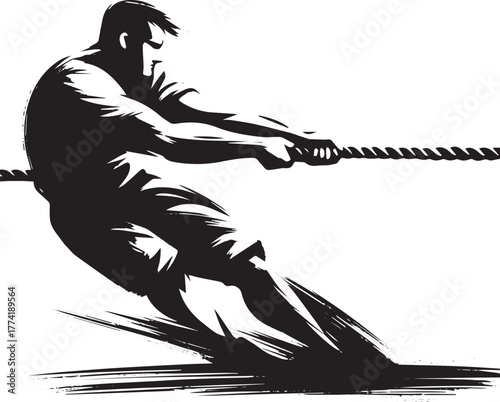 Minimalist monochrome illustration of a determined man in a tug-
