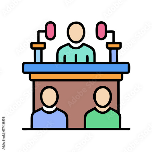 Cartoon court illustration depicting judge and jury panel
