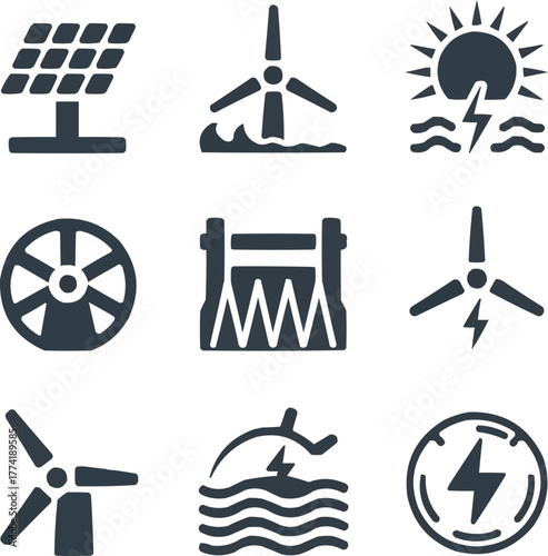 Renewable Energy Solid Icon Set  Solar, Wind, and Hydro Power