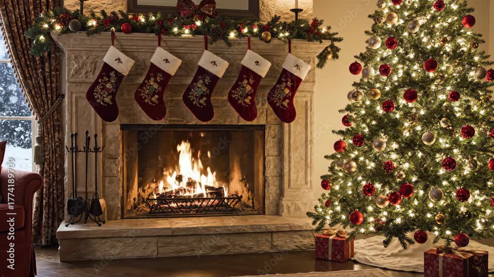 Cozy christmas living room with lighted tree and stockings above a fireplace with burning fire, holiday decoration footage