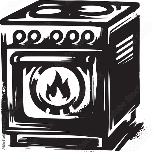 A monochrome vintage stove icon, embodying rustic culinary charm