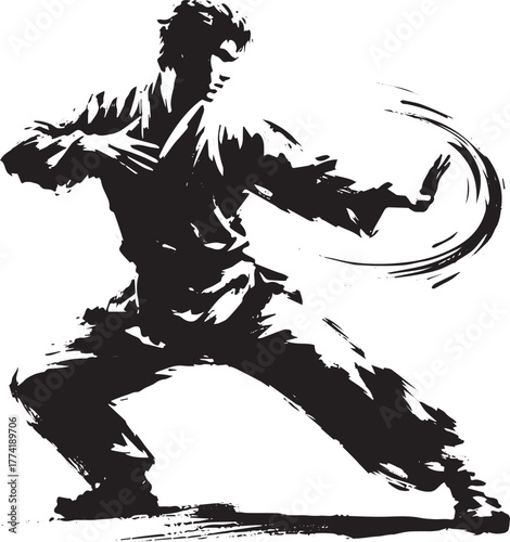 Dynamic brushwork illustration of a man executing a skillful def