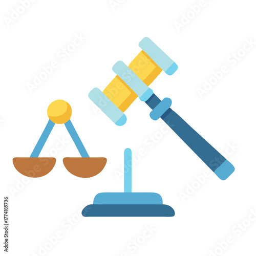 Stylized scales of justice and gavel on black background