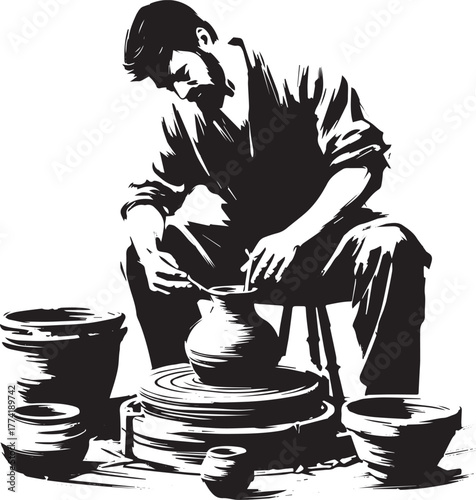 Monochrome illustration of a craftsman shaping clay on a pottery