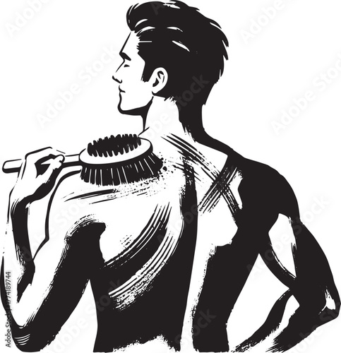 Monochrome Sumi-e Illustration of a Man Exfoliating His Back wit