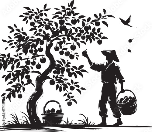 Sumi-e Illustration of Man Harvesting Apples with Basket in Mini