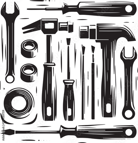 Monochrome assembly tool collection with wrench, hammer and scre