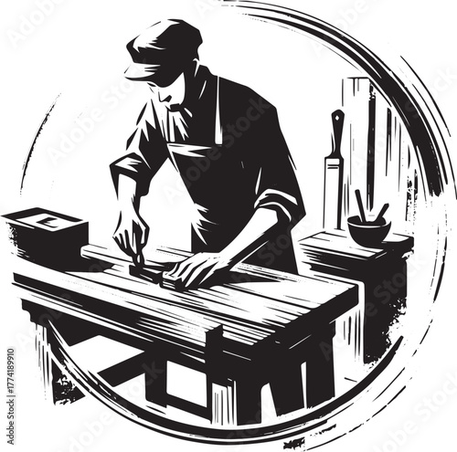 Woodworker's meticulous craft: Black and white illustration in s