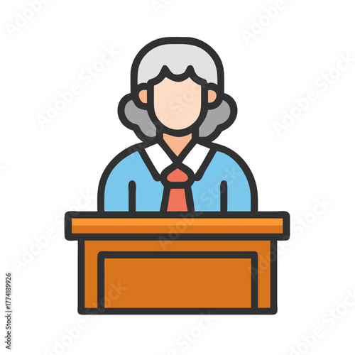 Female judge at desk graphic illustration on black background