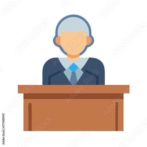 Flat vector illustration of judge at podium on black