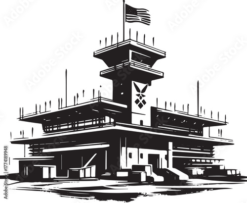 Stylized black and white illustration of a military air base con