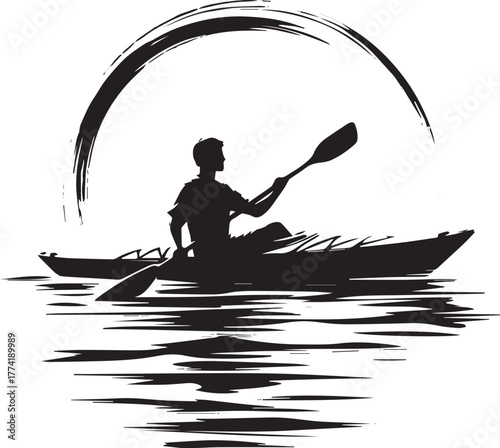 Serene kayaking adventure in sumi-e style minimalist black and w