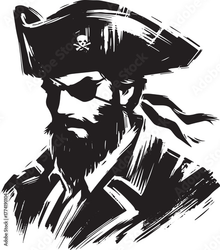 Intense pirate captain portrait in ink wash style, nautical, adv