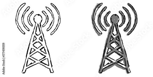 Grunge sketch hand-drawn signal tower vector. Ideal for telecommunication, data transmission, and urban network themes. This graphic symbolizes a cell tower with a distressed, rough artistic aesthetic