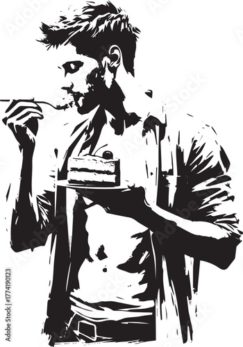 Monochrome delight, A Man enjoys a delectable cheesecake slice i