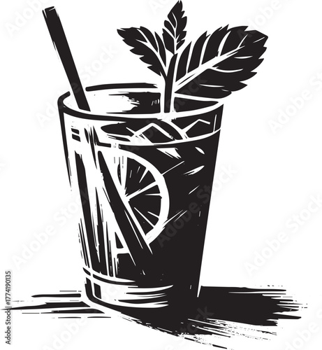 Artistic rendition of a refreshing mint julep beverage in monoch