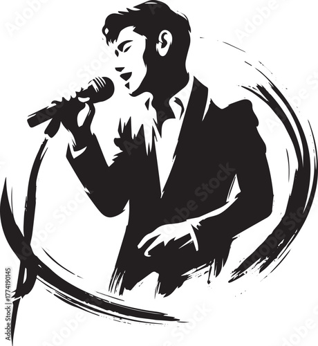 Ink wash illustration of a man passionately singing into a micro