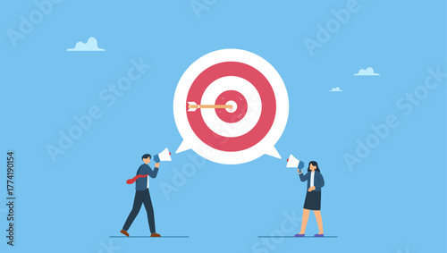 Business people speak on megaphone the same target. Effective communication for team success and achieve goal, meeting or discussion to speak the same goal, communicate important purpose.