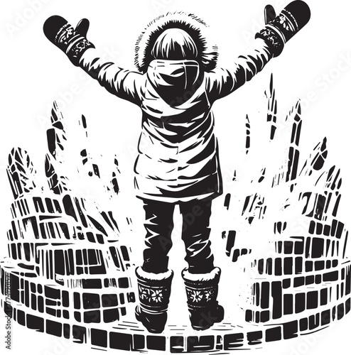 Woman in winter gear explores stylized ice sculptures at a frost