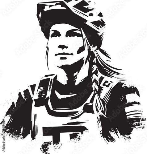 Monochrome portrait of a focused female off-road racer with helm