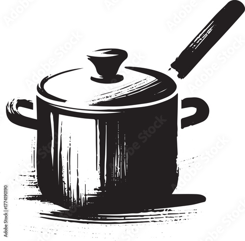 Elegant Sumi-e Illustration of a Saucepan with Lid and Handle in