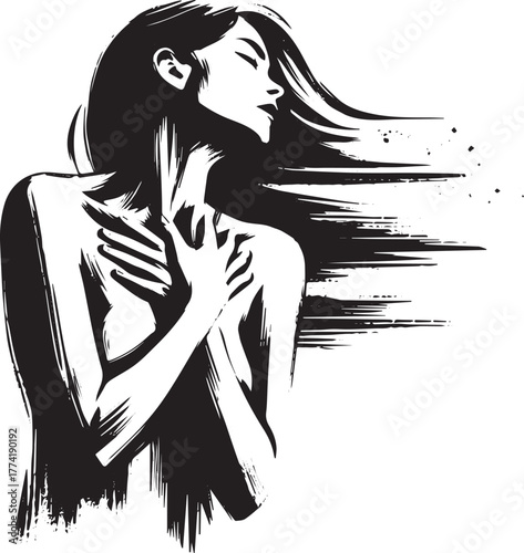 Black and white illustration of a woman in distress with brush s