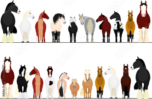 set of borders of various breeds of horses standing