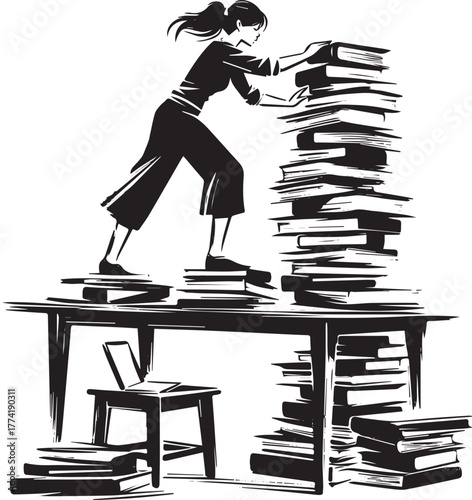 Black and white illustration of a woman balancing a stack of boo