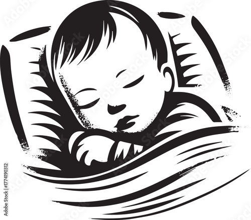 Monochrome depiction of sleeping infant evoking serene innocence