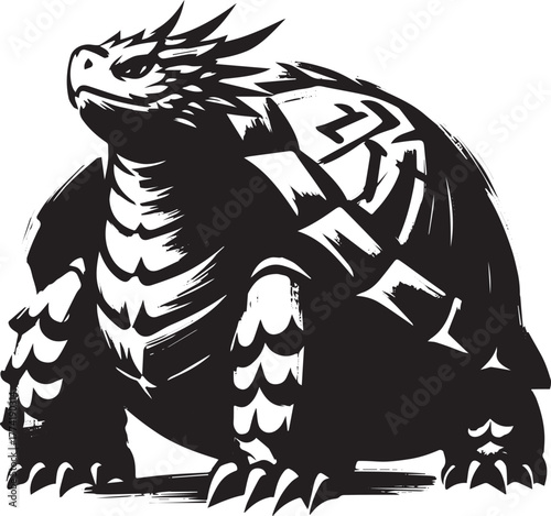 Stylized black and white illustration of a mythological armored