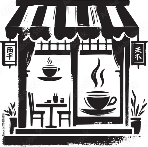 Elegant sumi-e illustration of a cozy cafe storefront with steam