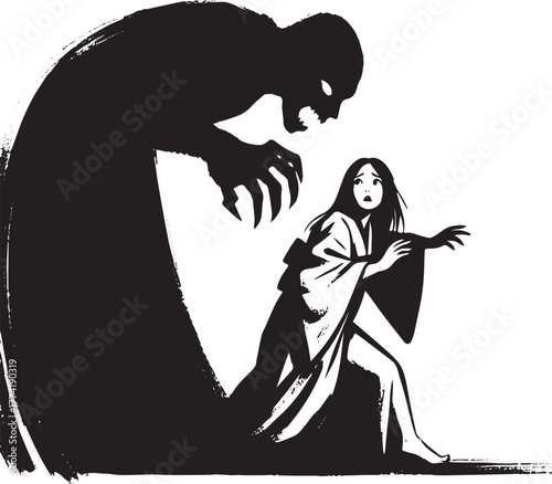 Frightened woman confronting a looming sinister figure in a brus