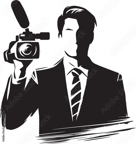 Monochrome impression of a journalist holding a video camera in