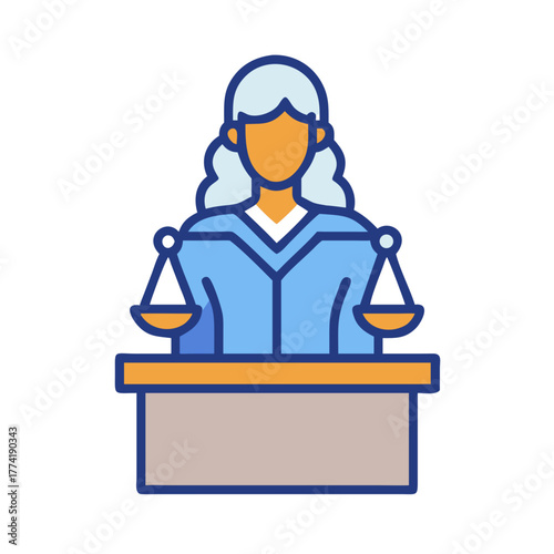 Flat vector illustration of judge with scales of justice