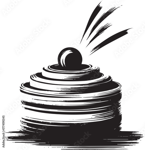 Monochrome illustration of an elegant layered cake with spherica