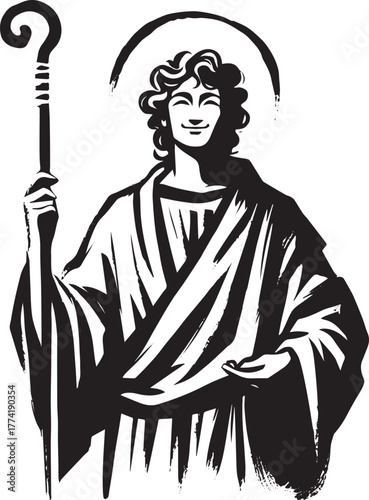 Graceful figure depicted with staff in minimalist monochrome ren